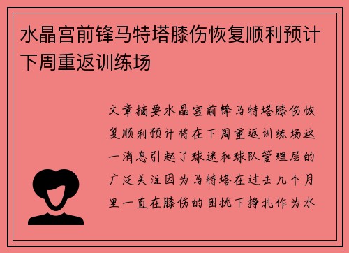 水晶宫前锋马特塔膝伤恢复顺利预计下周重返训练场